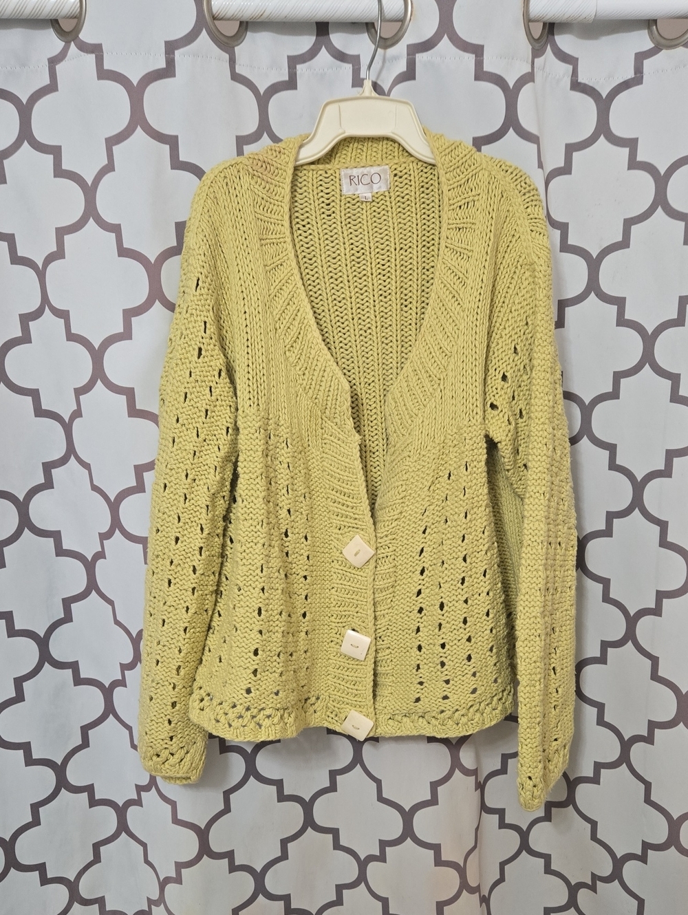 RICO Light Moss Green Open-Knit Button Cardigan